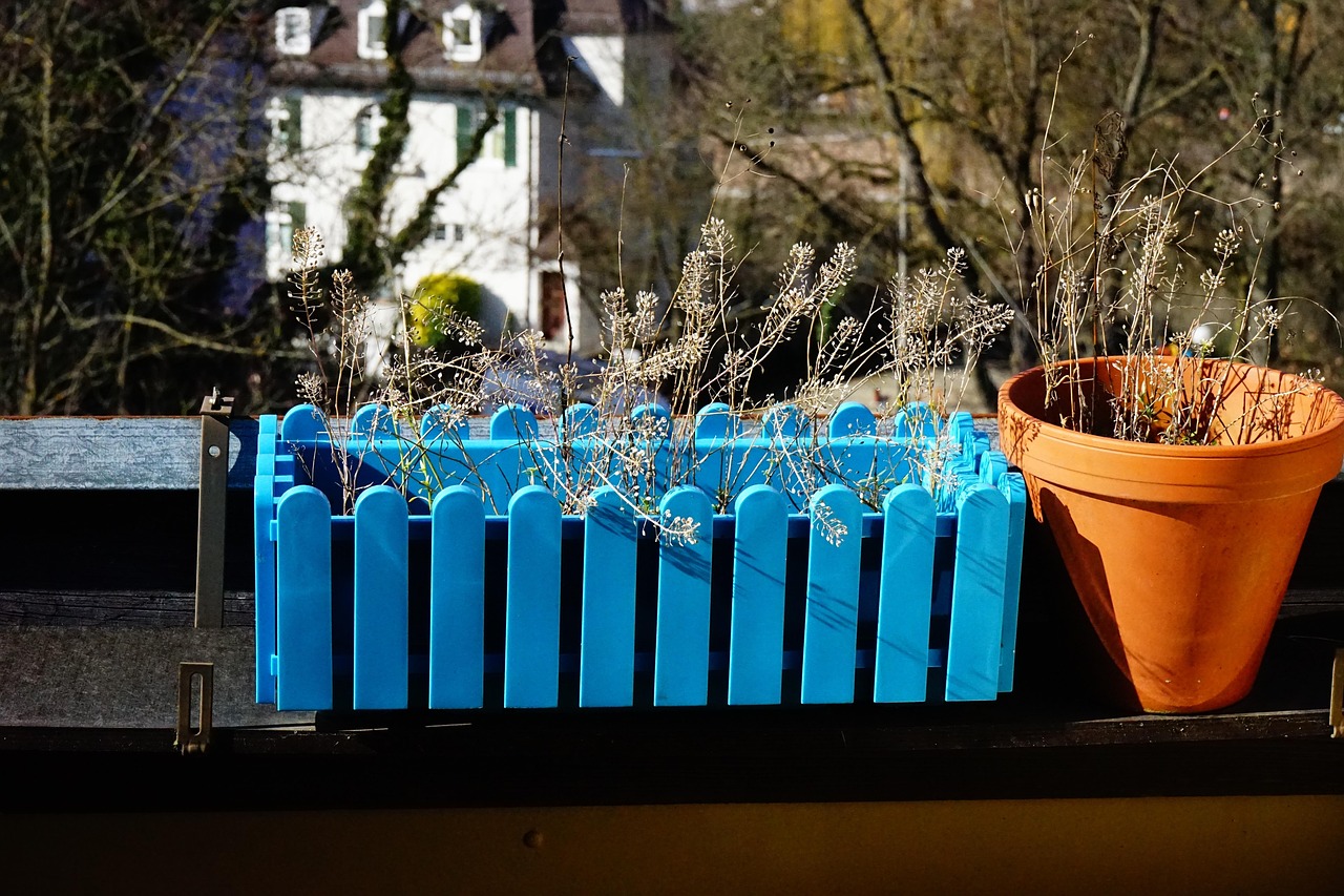 Piante fresche e rigogliose nel balcone di un appartamento, pronte per essere coltivate in primavera.